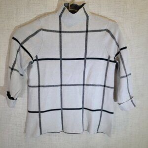 Tahari Sweater Womens Large White Window Pane Mock Neck Pullover